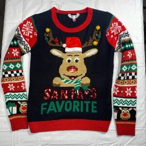 Women’s  Christmas Holiday Reindeer Sz Jr Sm 3 / 5 Santa's Favorite Ugly Sweater